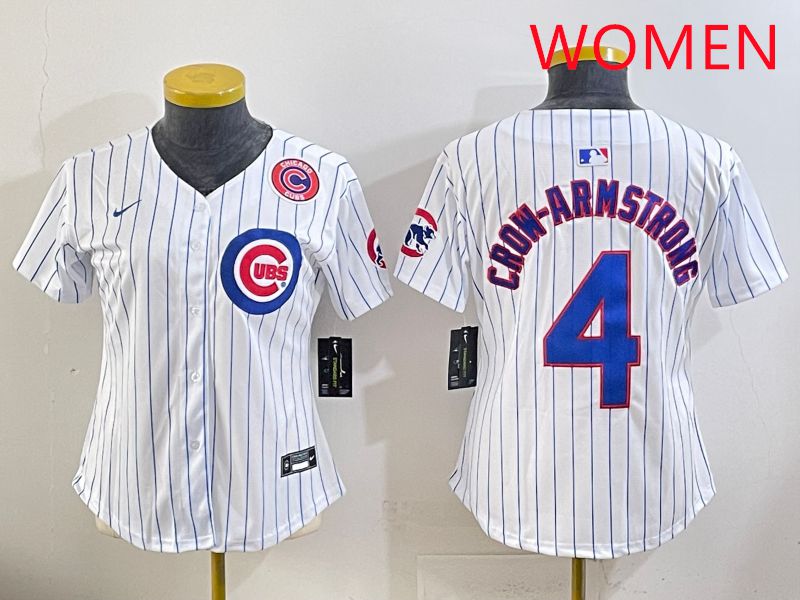 Women 2025 Chicago Cubs #4 Crow-Armstrong White Stripe Game Nike MLB Jersey style 6->women mlb jersey->Women Jersey
